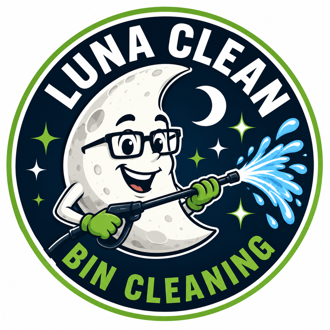 Luna Clean mascot spraying water on a trash bin